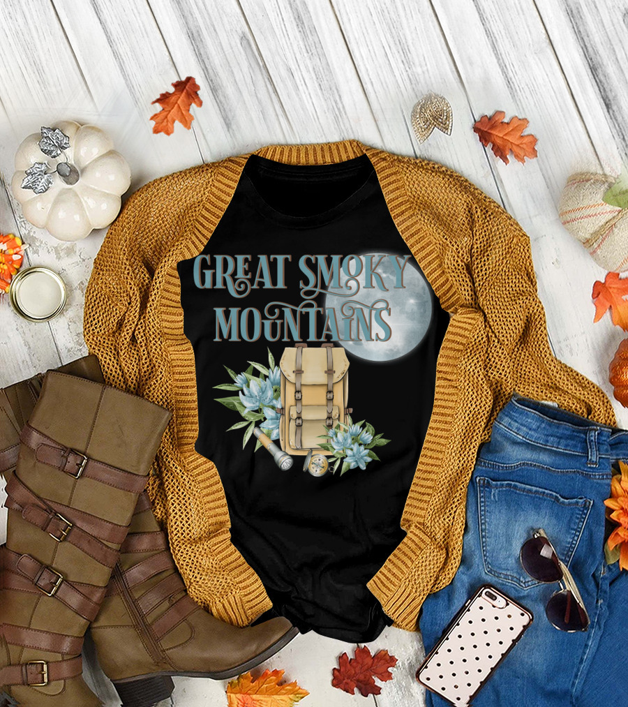 Great Smoky Mountains Backpack with Flowers and Full Moon T-Shirt