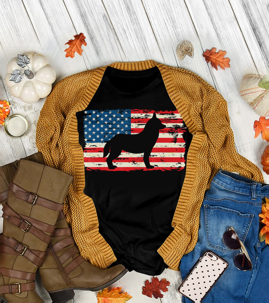 Husky American Flag 4th Of July Dog Silhouette USA Patriotic T-Shirt