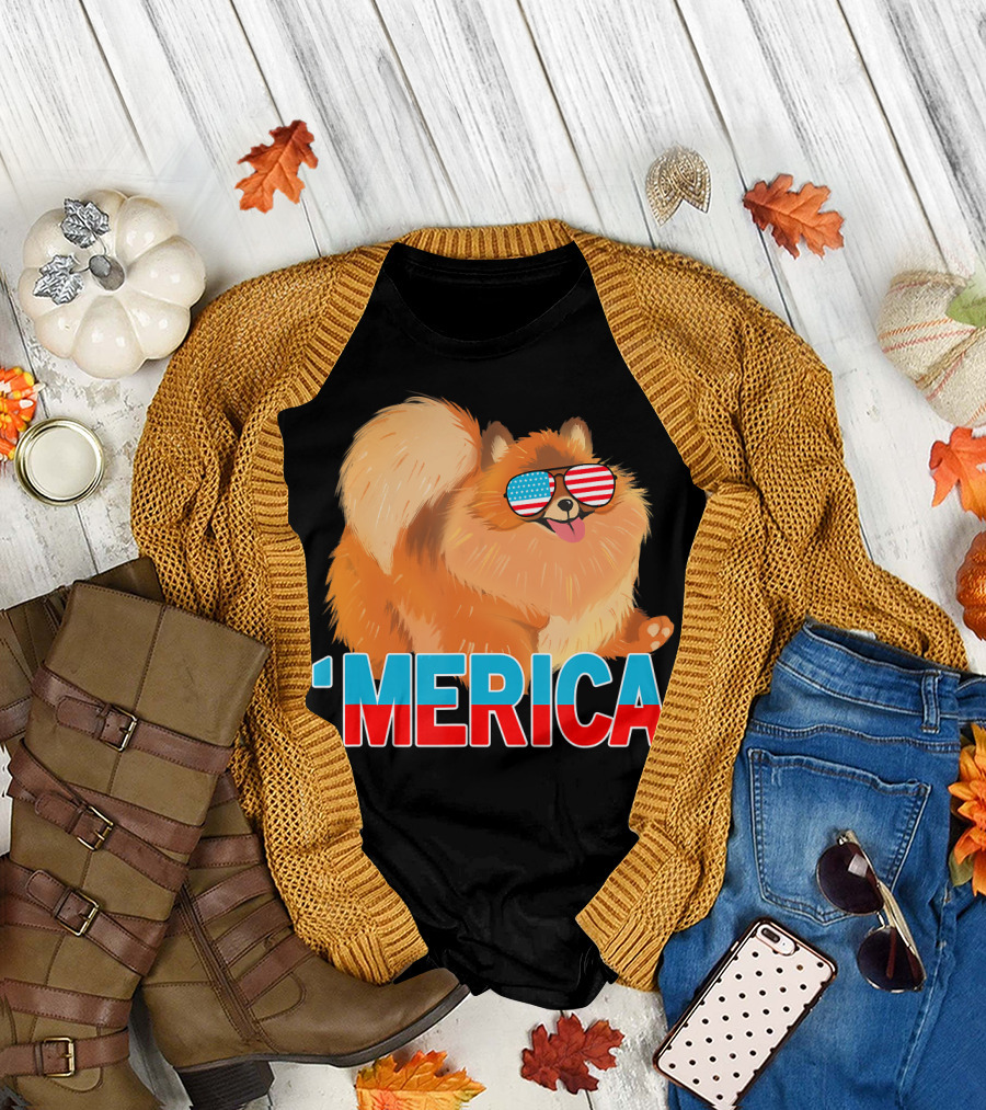 'Merica Pomeranian American Flag Sunglasses Patriotic Dog T-Shirt