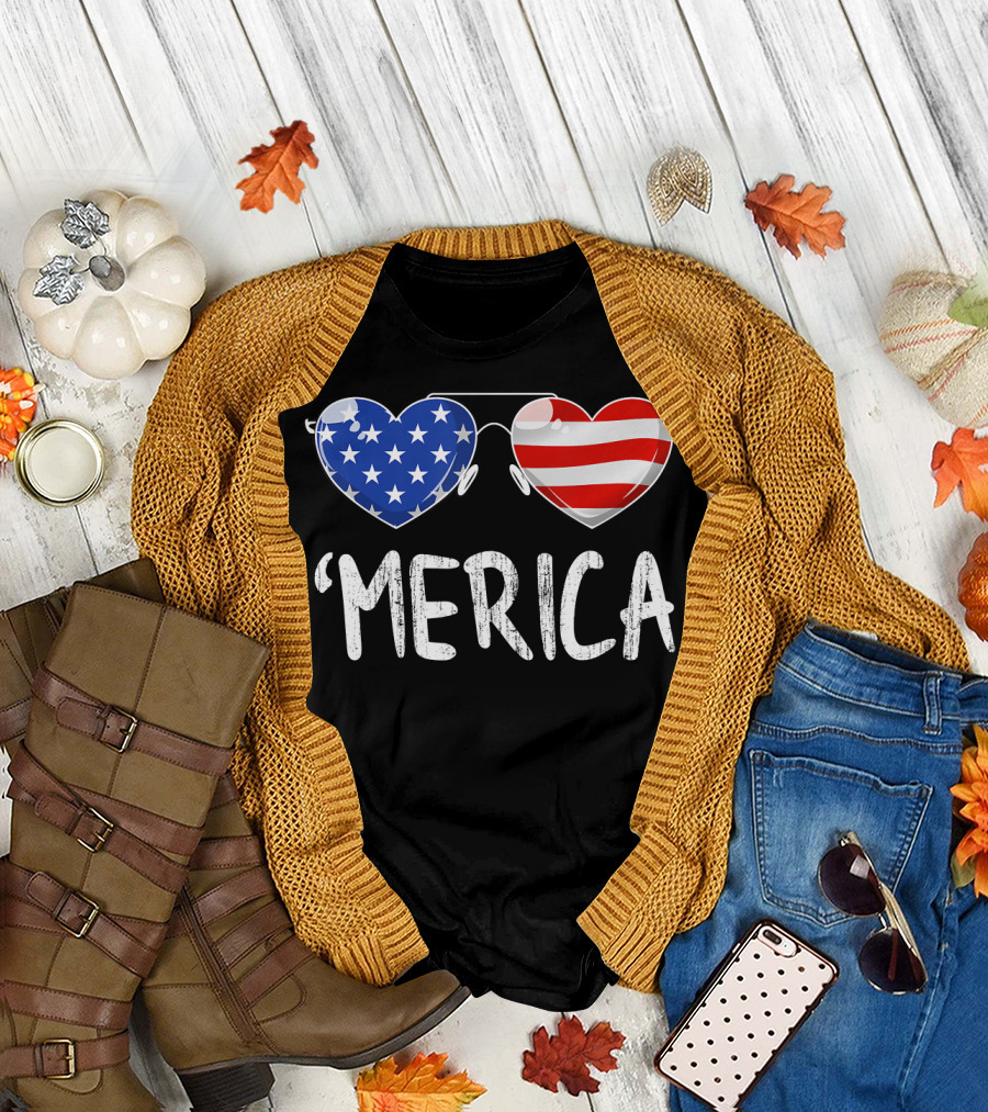 'Merica Heart Sunglasses USA Flag 4th of July Women Kids Boy T-Shirt