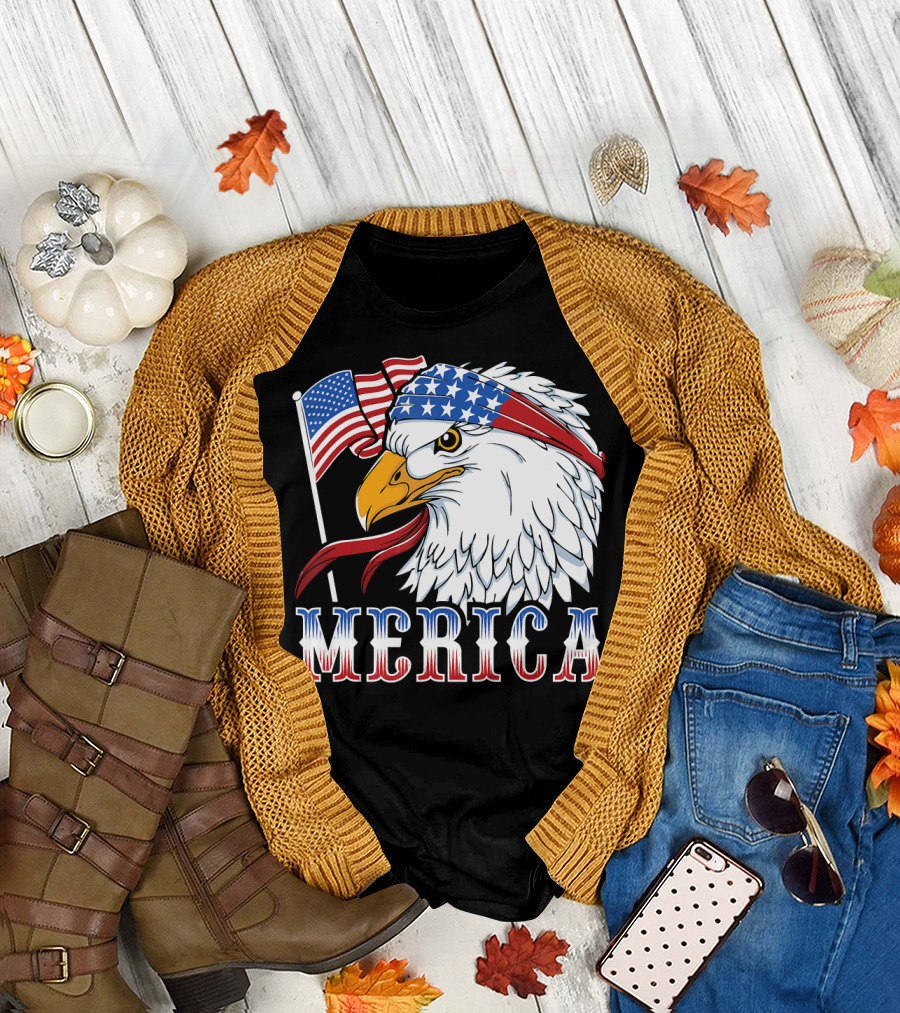 Merica Patriotic Bald Eagle with American Flag Bandana 4th of July T-Shirt