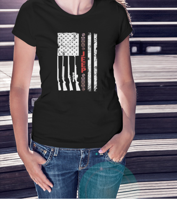 American Flag Jeep Hunting Rifles Patriotic USA T-Shirt