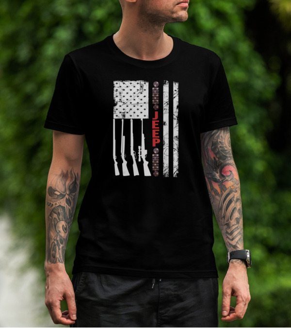 American Flag Jeep Hunting Rifles Patriotic USA T-Shirt