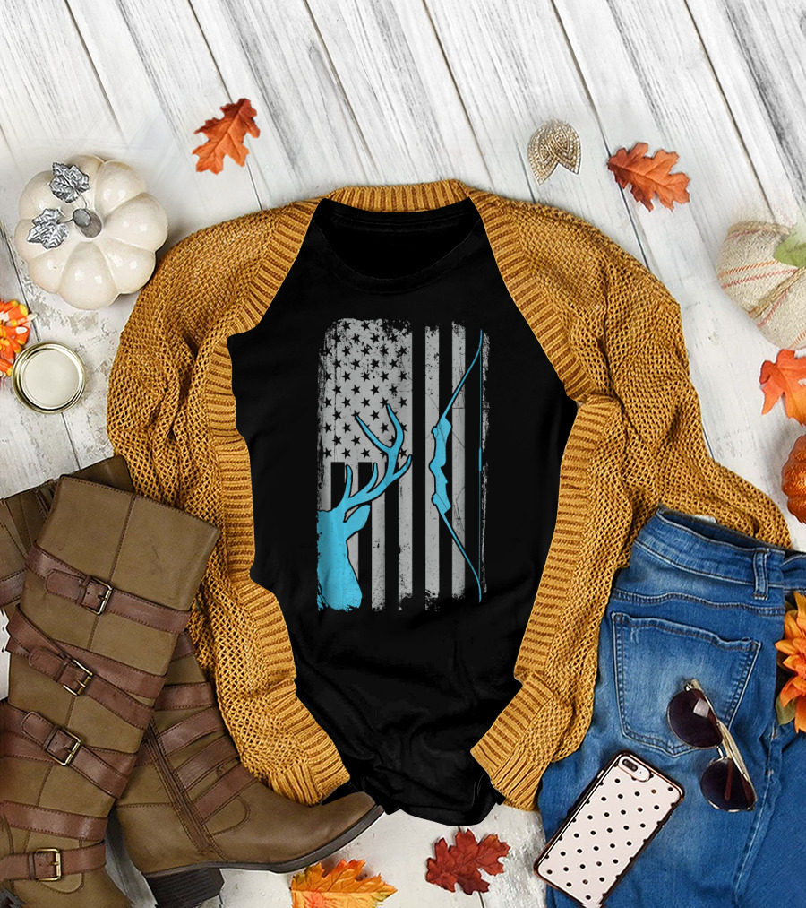 American Flag Antler Recurve Bow Hunter T-Shirt