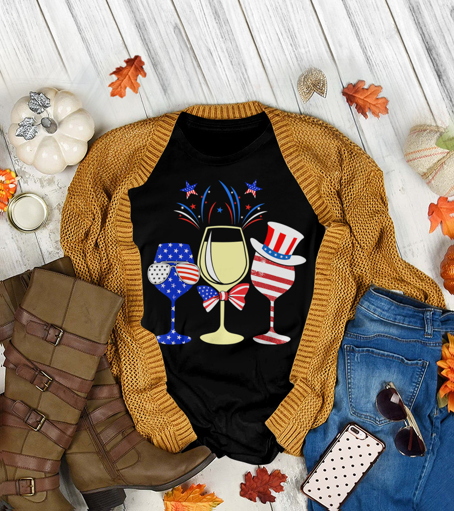 Red White Blue Wine Glasses USA Flag Patriotic Wine T-Shirt
