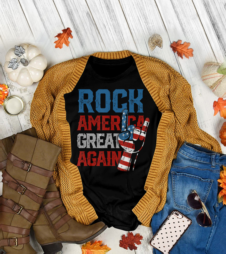 Rock America Great Again USA Flag Hand Gesture T-Shirt