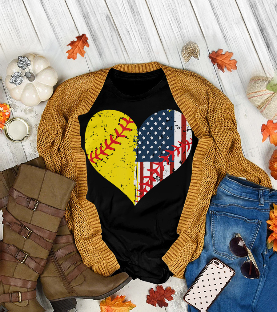 Softball Heart American Flag USA Patriotic 4th Of July T-Shirt