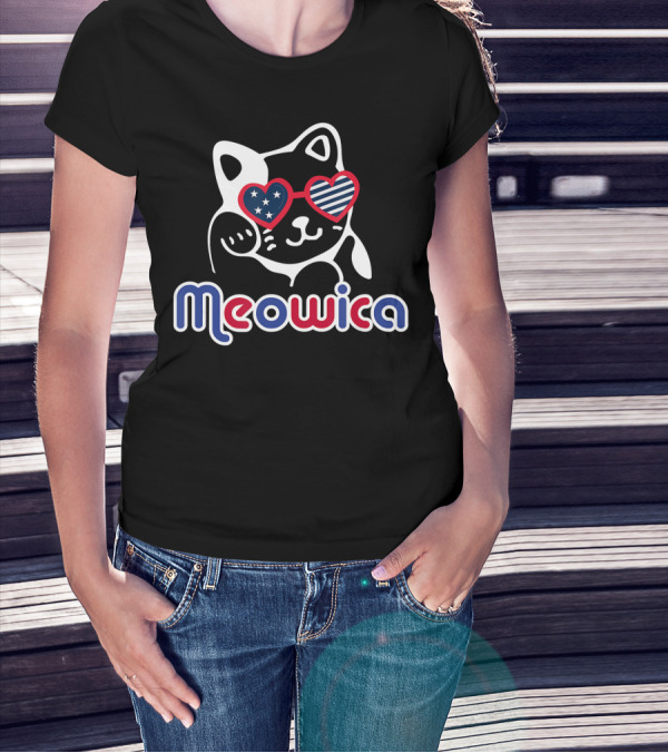 Meowica Cat With Heart Glasses And Stars Stripes For 4th Of July T-Shirt
