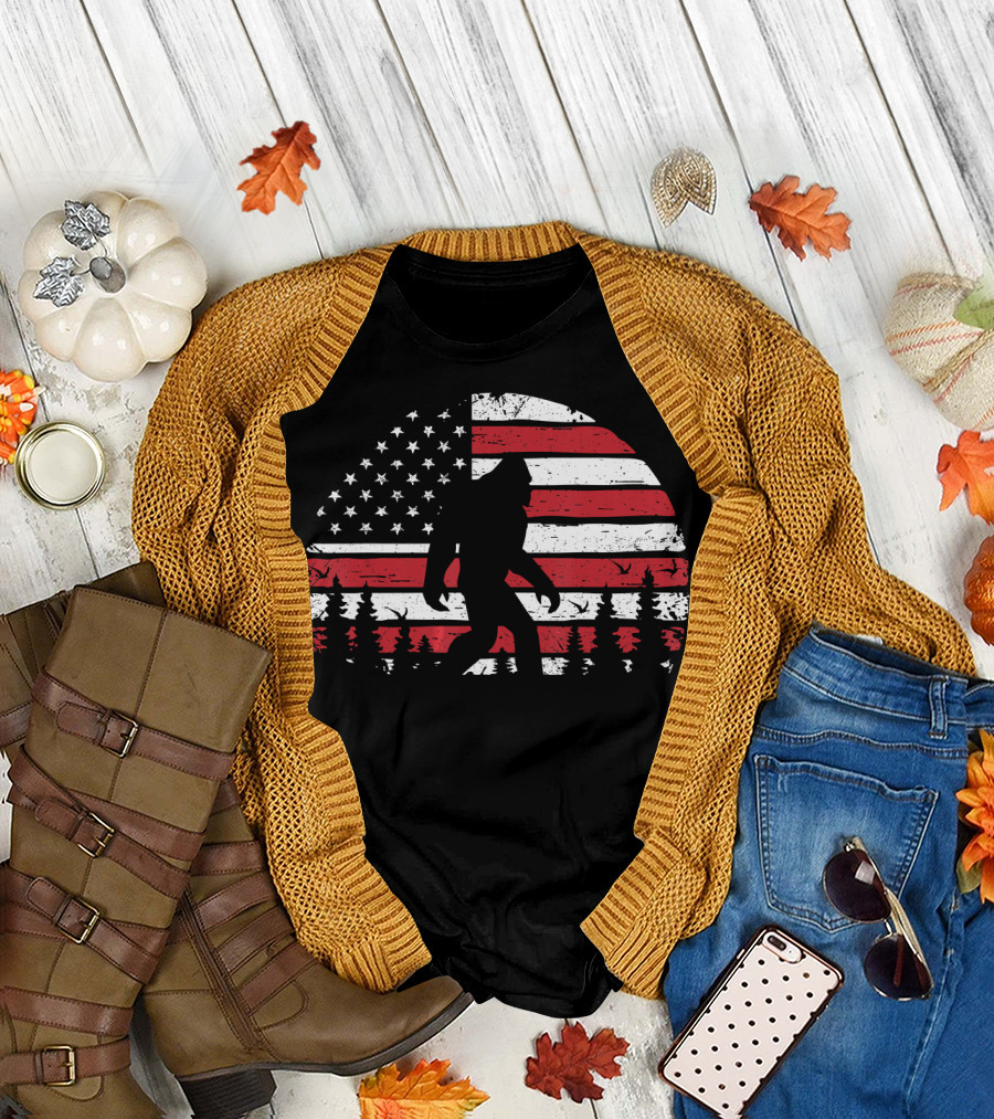 Bigfoot Silhouette with American USA Flag and Trees for 4th of July T-Shirt