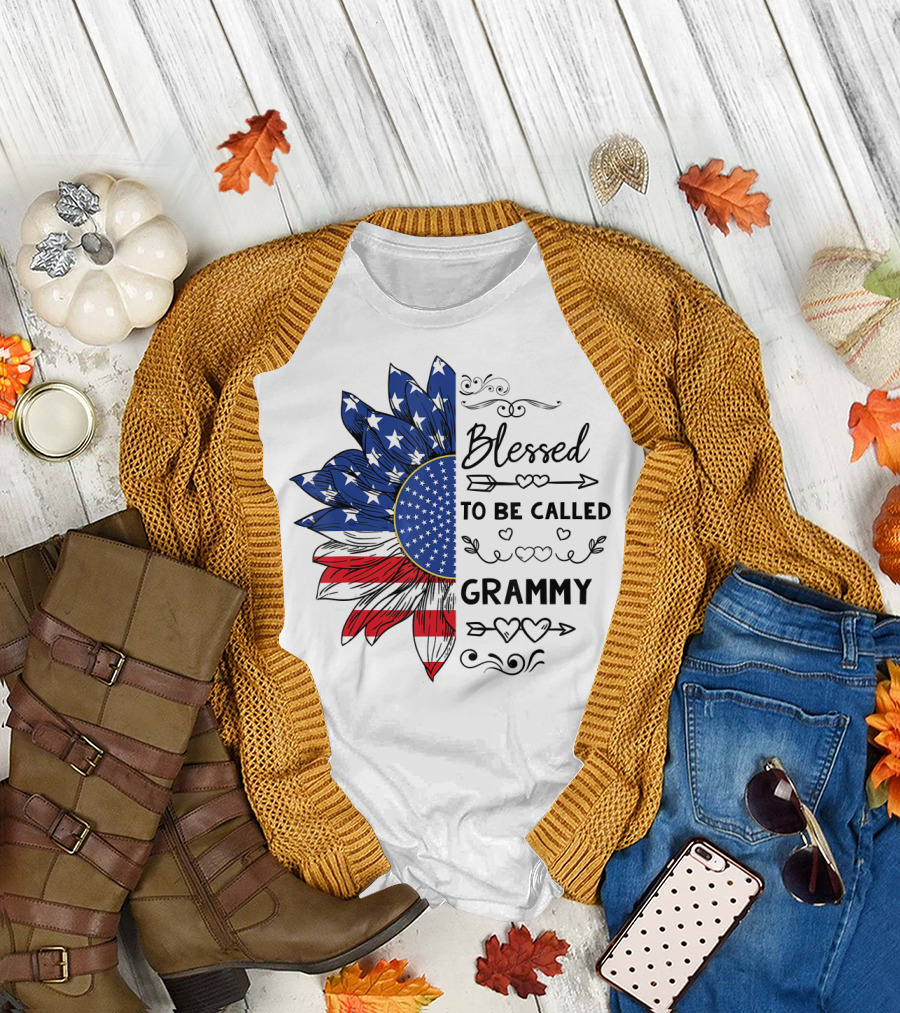Blessed To Be Called Grammy Sunflower American Flag T-Shirt