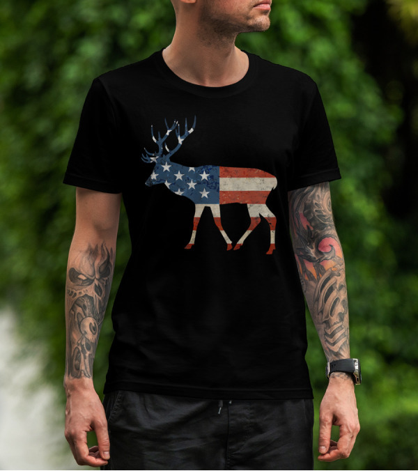 American Flag Elk 4th Of July Patriotic T-Shirt