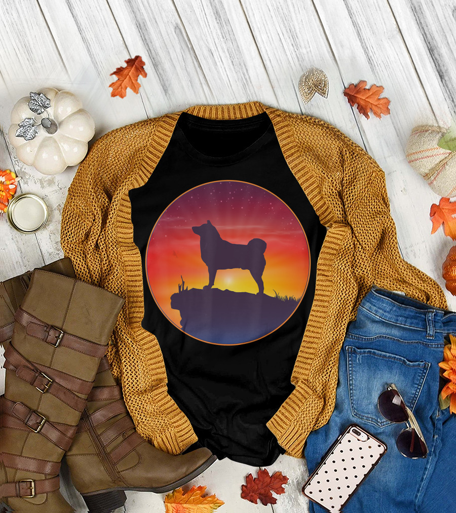 Akita Silhouette at Sunset on Cliff with Starry Sky T-Shirt