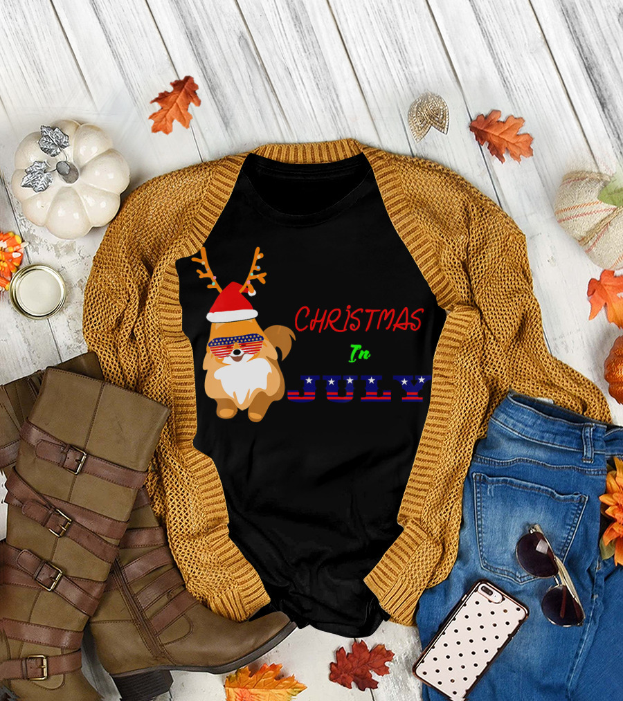 Christmas In July Dog with Patriotic Reindeer Antlers and Santa Hat T-Shirt