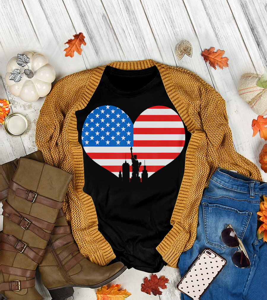 Heart Shaped American Flag With Statue of Liberty Skyline 4th of July Independence Day T-Shirt