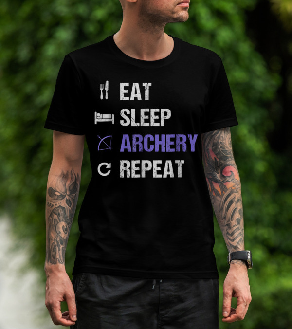 Eat Sleep Archery Repeat Funny Archery Love Iconic Routine With Fork Bed Bow Arrow Cycle T-Shirt