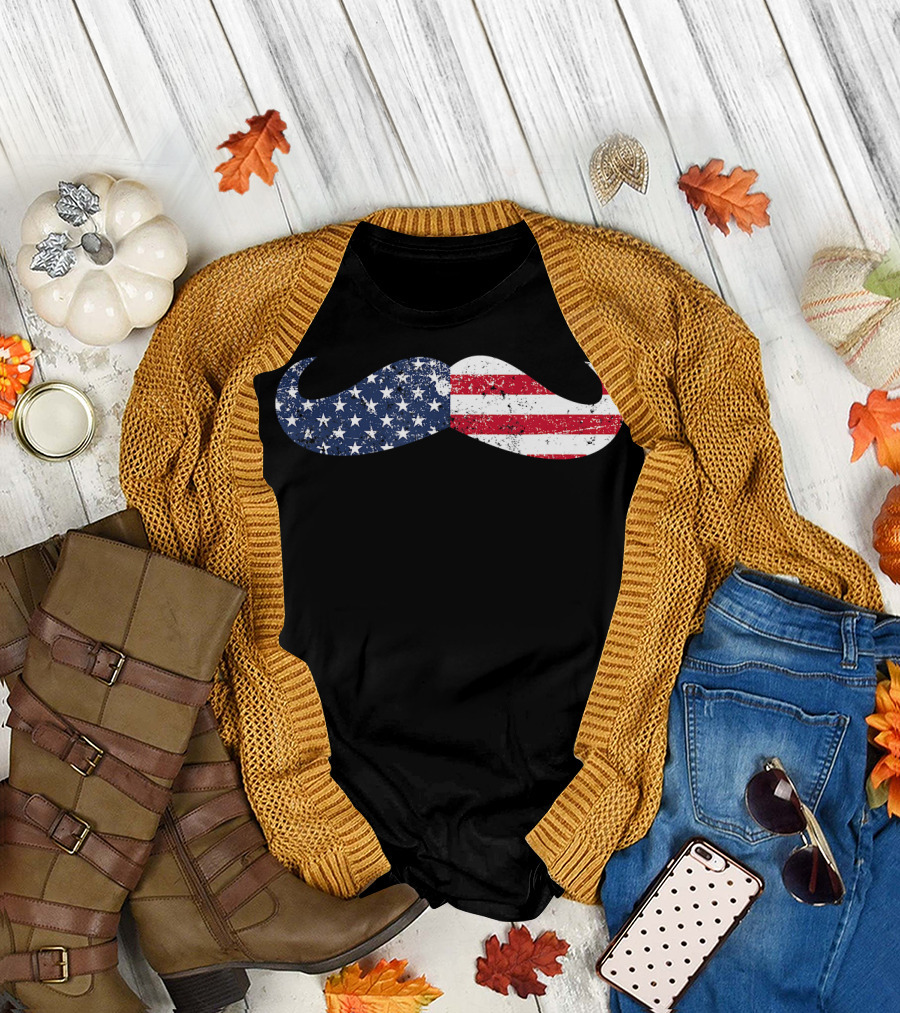 American Flag Mustache Patriotic Stars and Stripes 4th of July T-Shirt