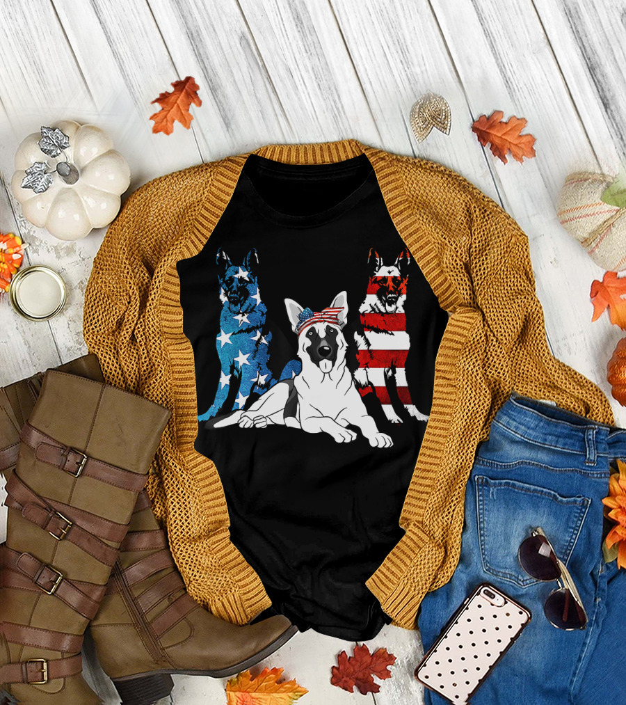 Patriotic US Flag with American German Shepherd Trio T-Shirt