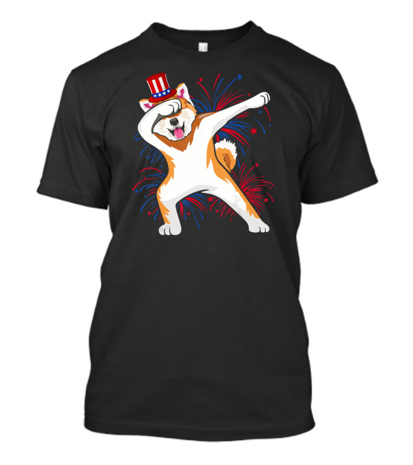 Dabbing Akita With American Flag Hat And Fireworks For 4th Of July T-Shirt
