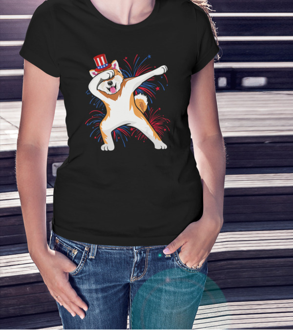 Dabbing Akita With American Flag Hat And Fireworks For 4th Of July T-Shirt