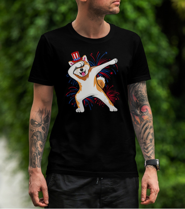 Dabbing Akita With American Flag Hat And Fireworks For 4th Of July T-Shirt