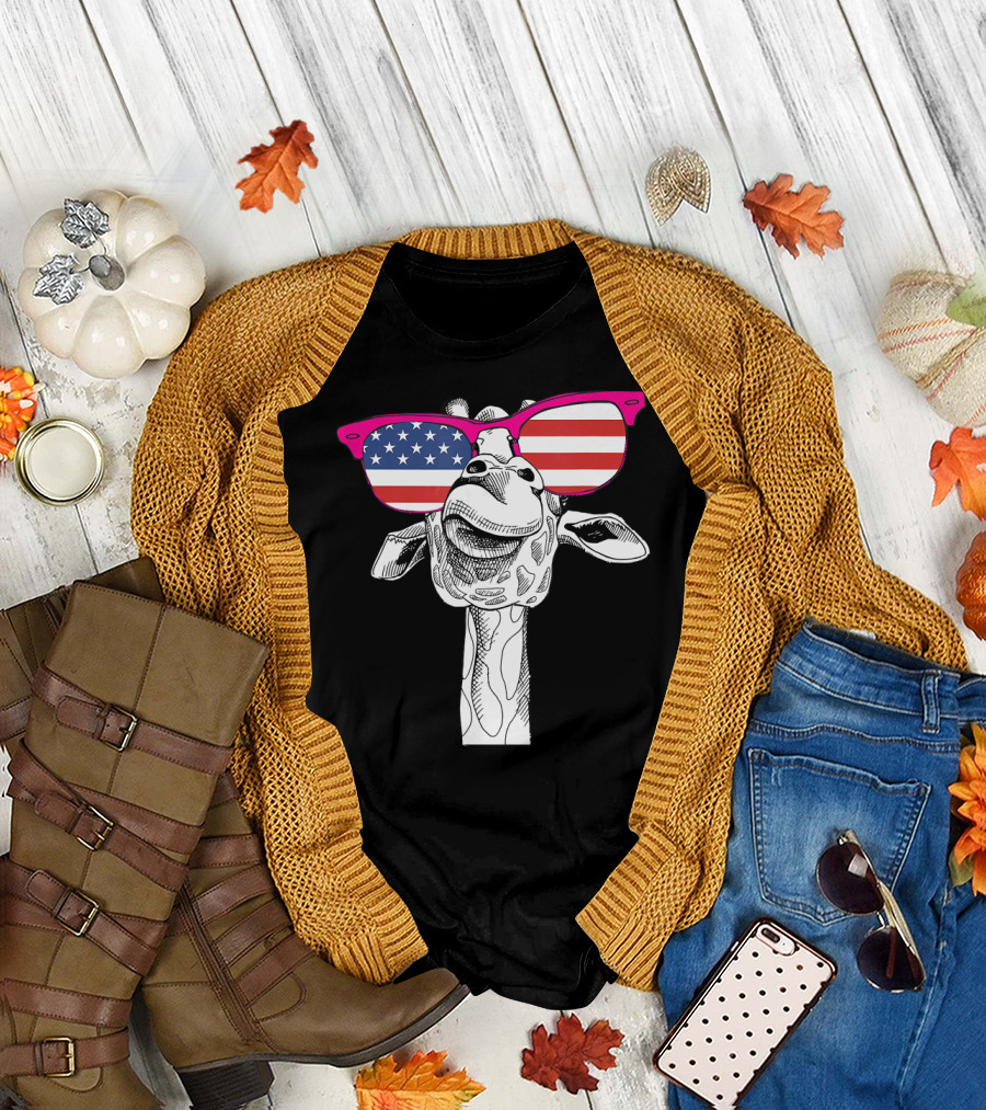 Giraffe Wearing American Flag Sunglasses for 4th of July T-Shirt