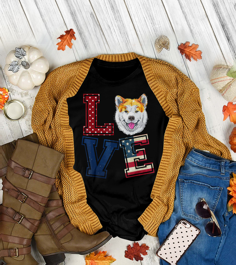 LOVE Akita Inu American Flag Patriotic Dog USA T-Shirt
