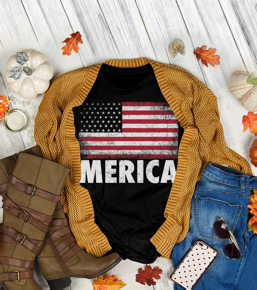 Merica American Flag Vintage Distressed Look T-Shirt