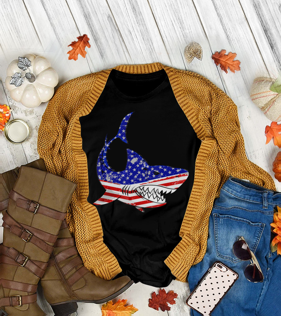 Shark American Flag Jawsome 4th Of July Patriotic Apex Predator T-Shirt