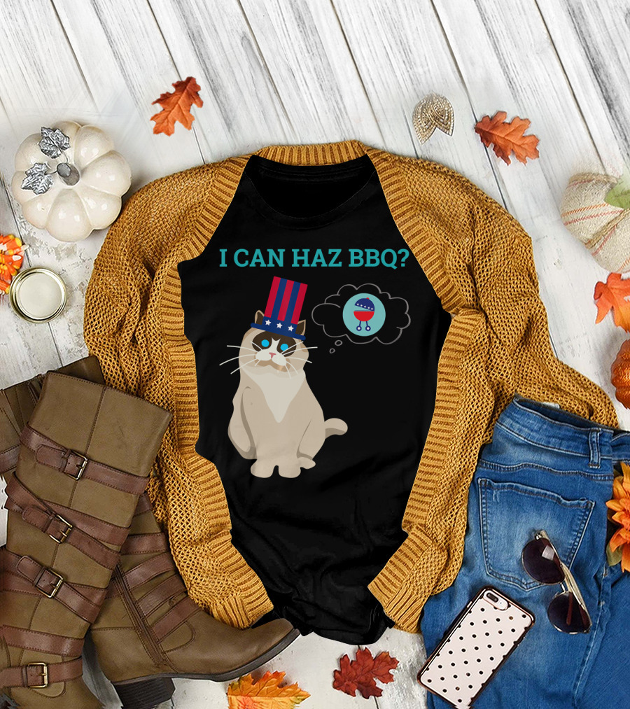 I Can Haz BBQ Cat in Uncle Sam Hat 4th of July T-Shirt