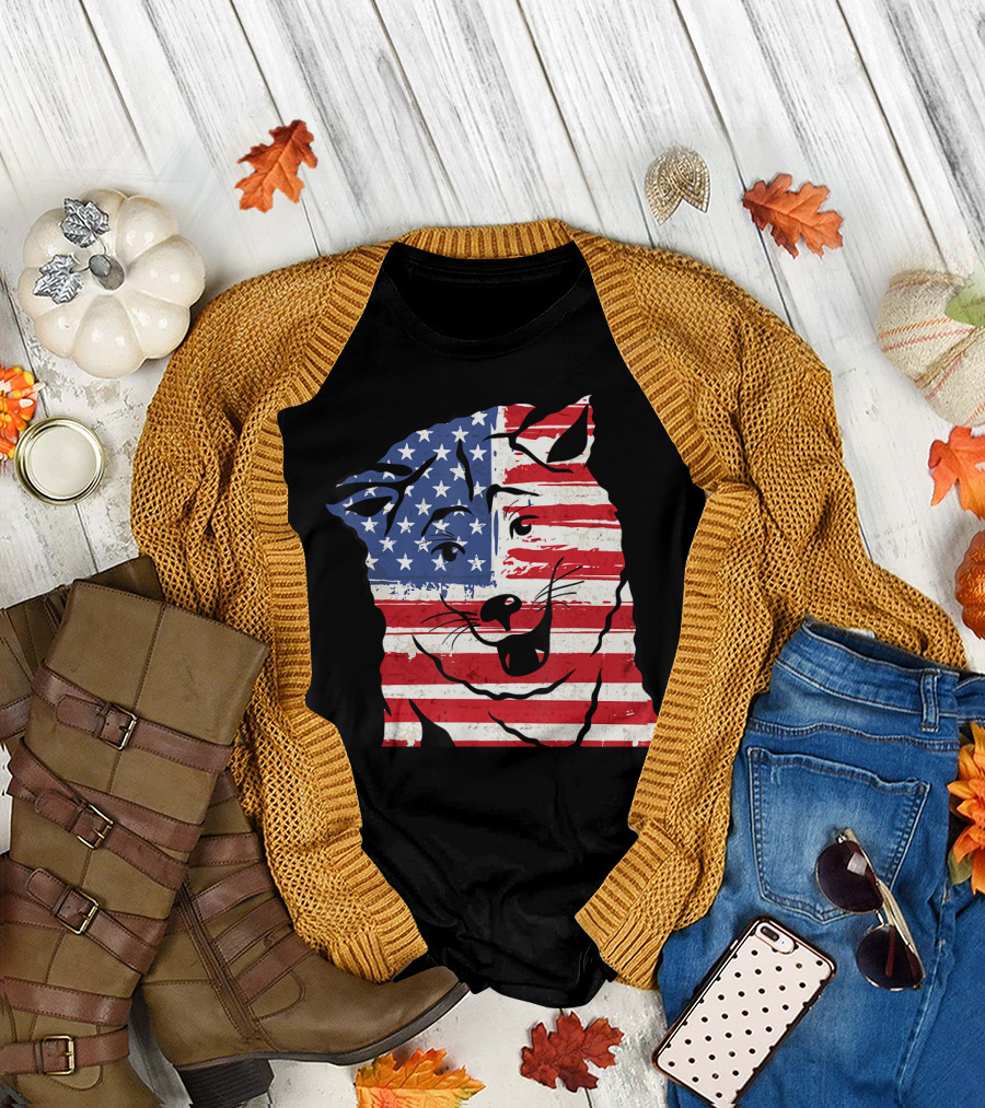 Funny Akita Inu Dog with American Flag T-Shirt
