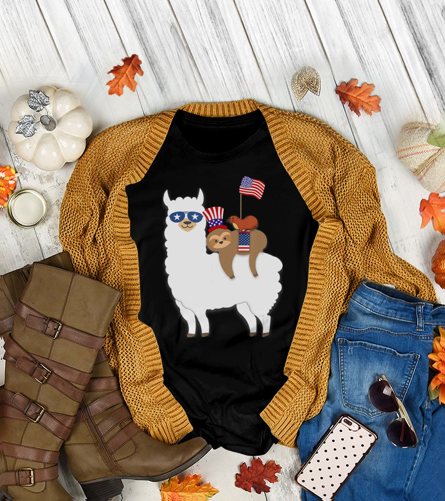 Stars and Stripes Alpaca with Patriotic Sloth and Otter T-Shirt