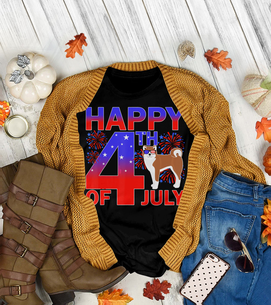 HAPPY 4TH OF JULY AKITA DOG WITH FIREWORKS AND STARS T-Shirt
