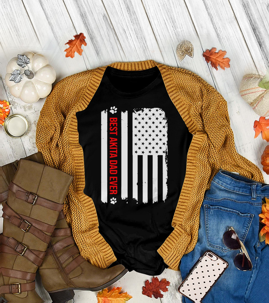 Best Akita Dad Ever American Flag Paw Prints T-Shirt