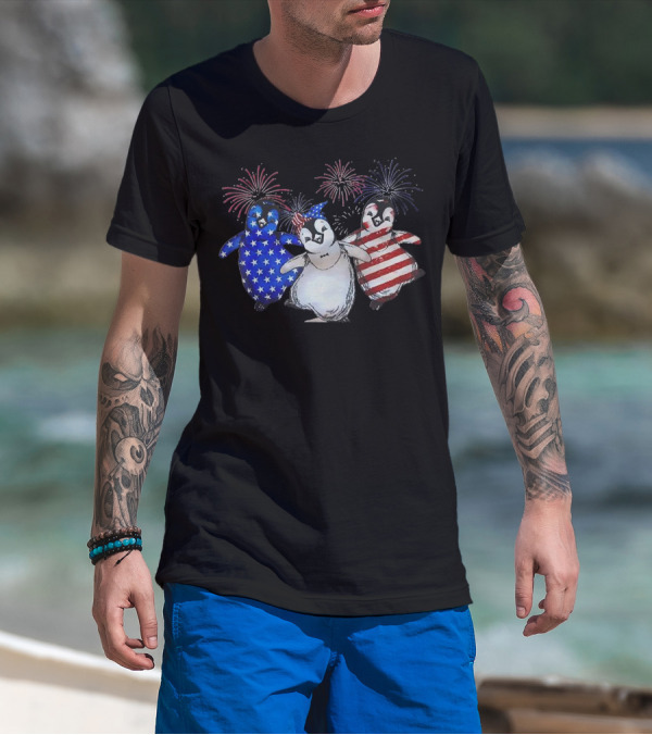 Penguin 4th Of July American Flag Stars Stripes Fireworks T-Shirt