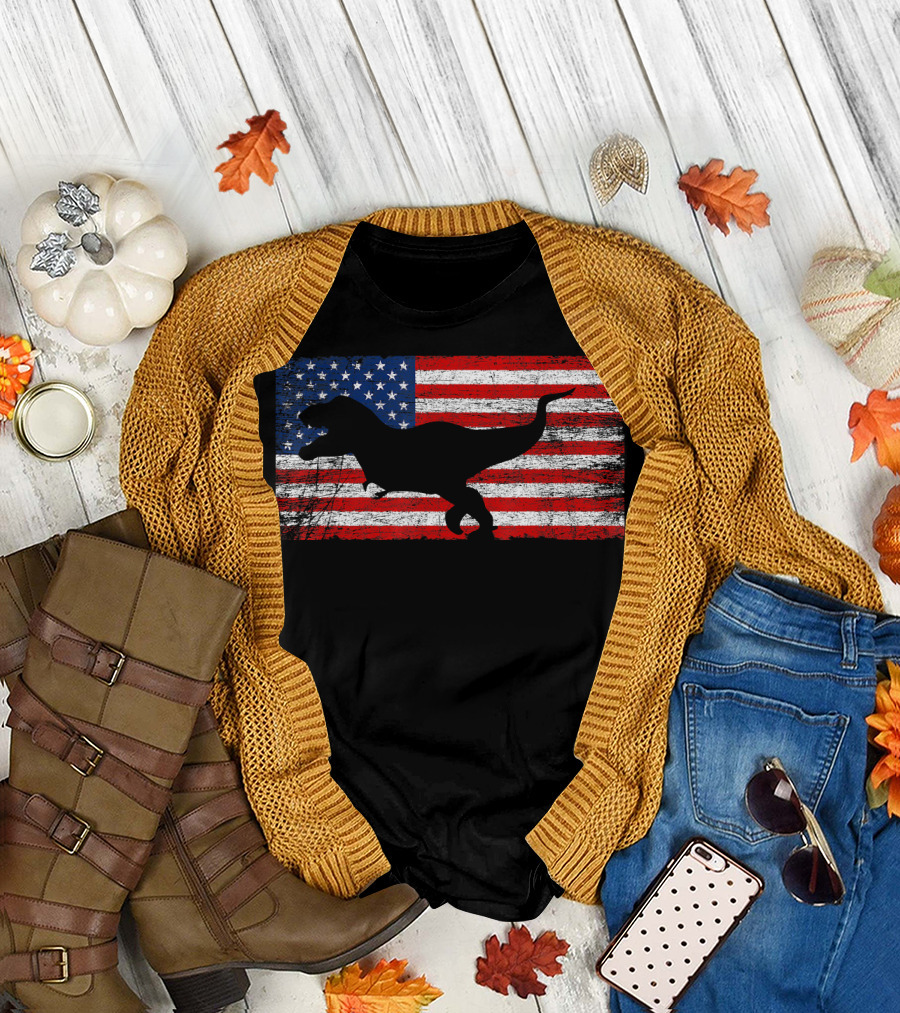 Dinosaur American Flag 4th of July Fun T-Shirt
