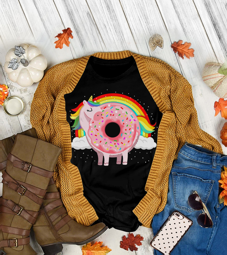 Donut Unicorn Doughnicorn Funny Donut with Rainbow and Clouds T-Shirt