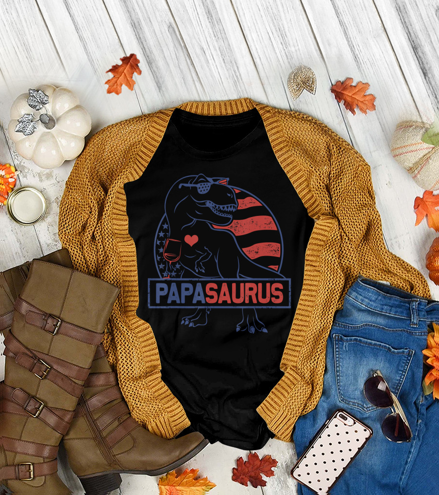 Papasaurus Patriotic Dinosaur Rex American Flag Heart Wine Glass Sunglasses T-Shirt