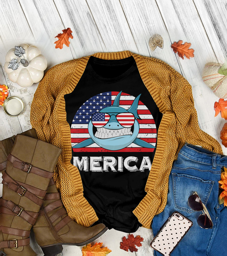 Merica Shark with American Flag Sunglasses and Vintage USA Flag Background T-Shirt