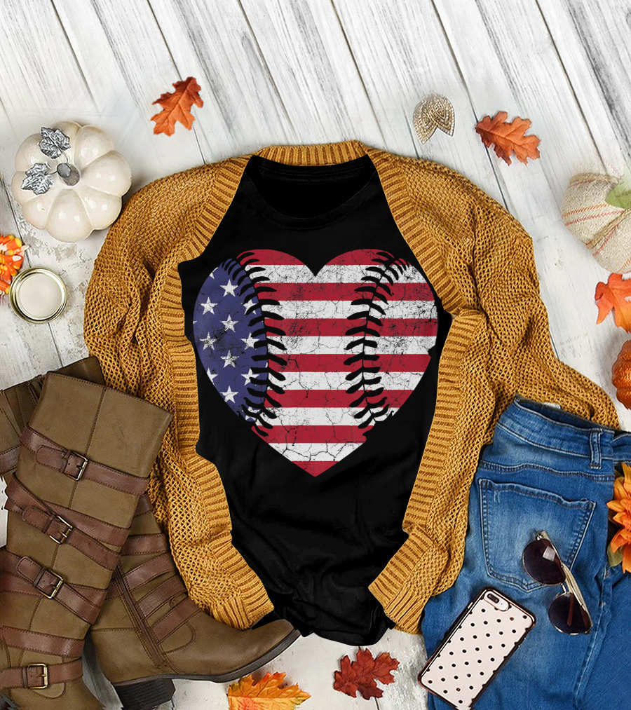 4th of July American Flag Baseball Heart T-Shirt