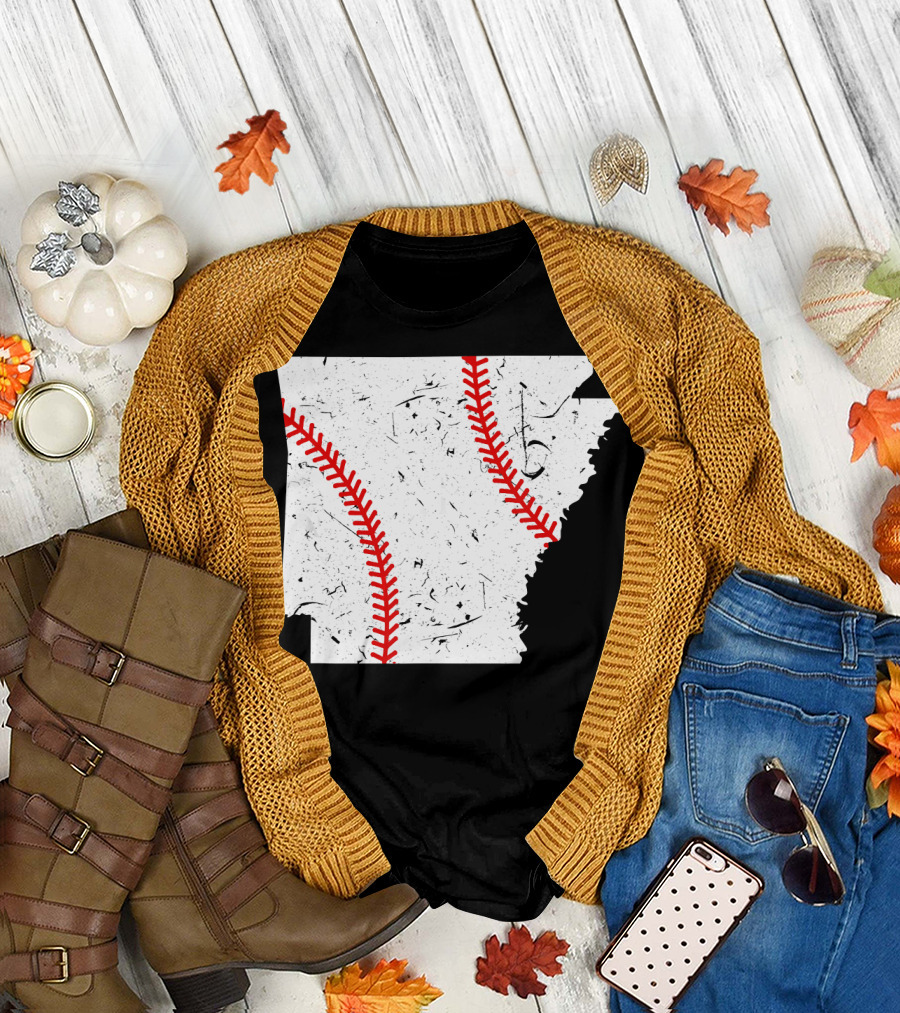 Arkansas Baseball State Outline Red Seam T-Shirt