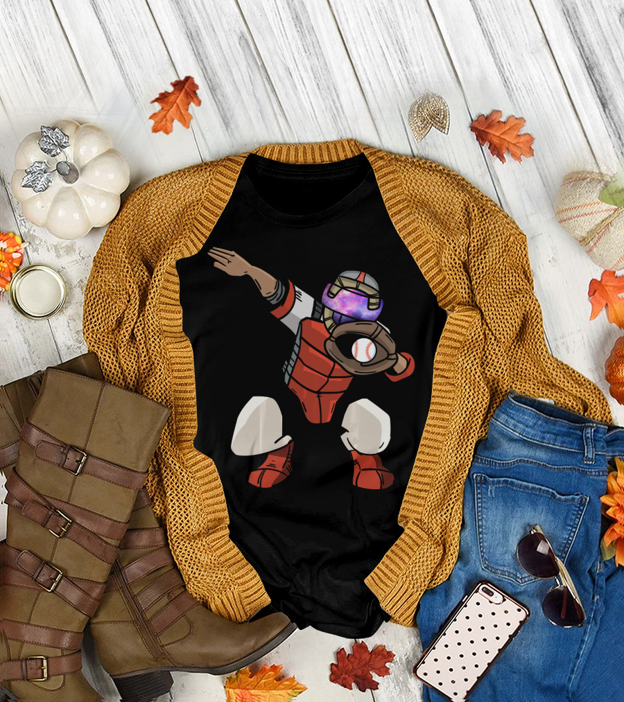 Baseball Dabbing Catcher with Glowing Astronaut Helmet T-Shirt