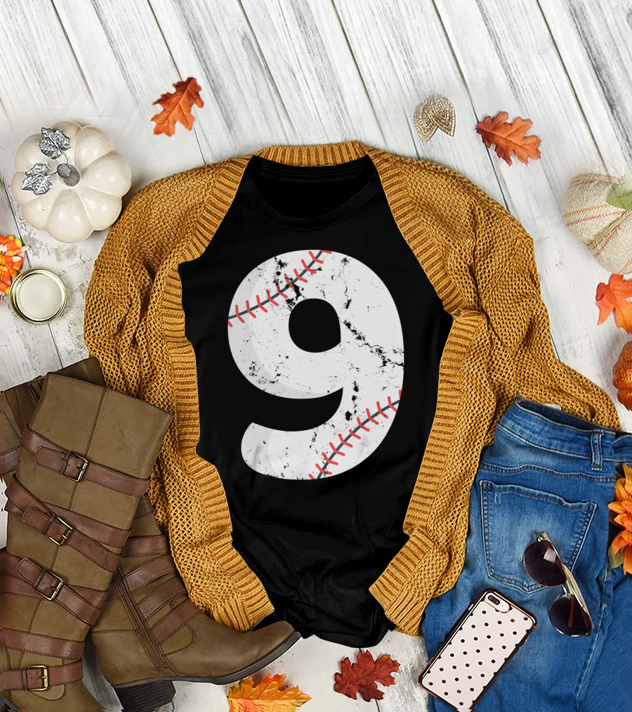 Number 9 Baseball Vintage Distressed Team Crackle Stitch T-Shirt