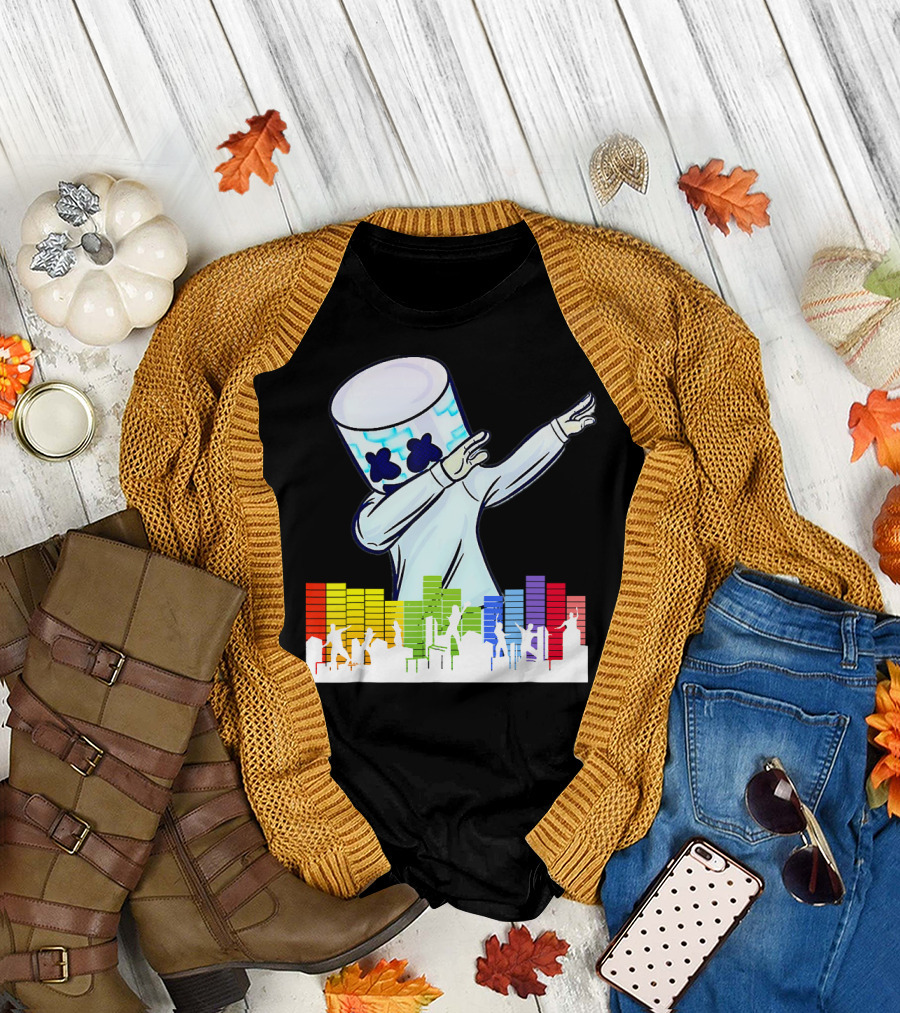 All I Want For Christmas Is Marshmallow Dan Dabbing with Colorful Music Wave Background T-Shirt