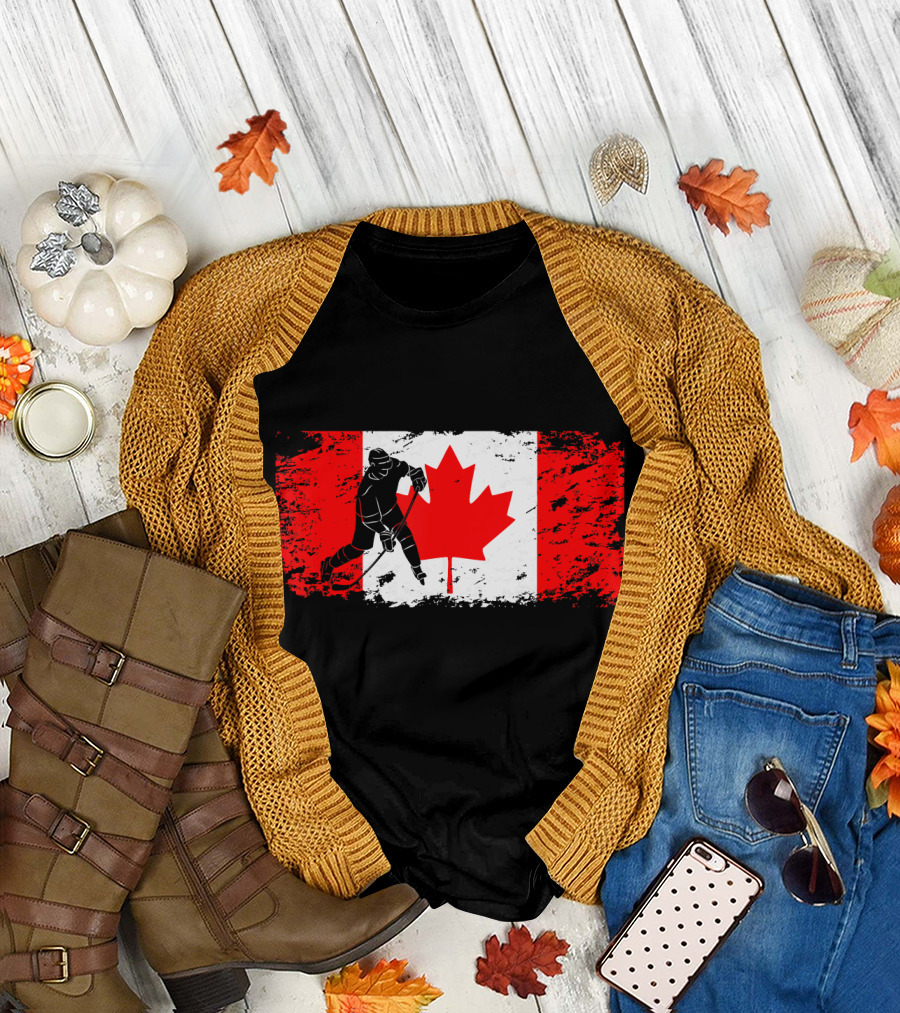 Canada Flag Ice Hockey Player Costume Canadi Maple Leaf Hockey Player T-Shirt