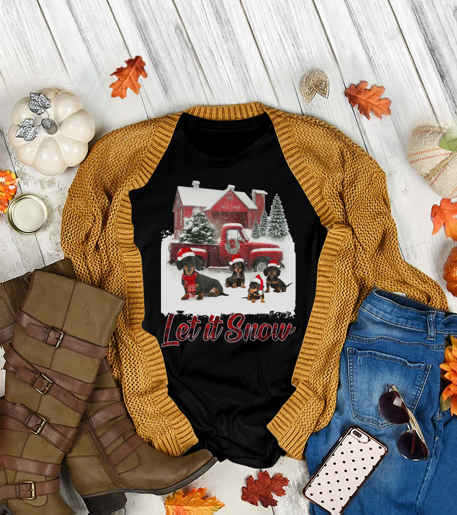 Dachshund Let It Snow Tree Farm Christmas Scene T-Shirt