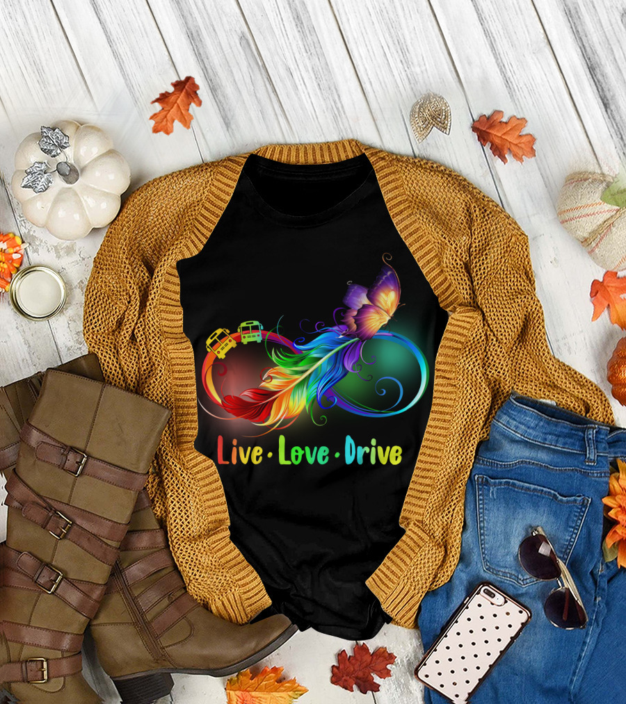 Live Love Drive Rainbow Butterfly and Buses Loop T-Shirt