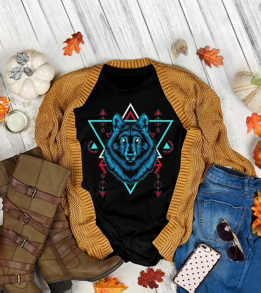Wolf Sacred Geometry Triangles Circles Red Blue Teal T-Shirt