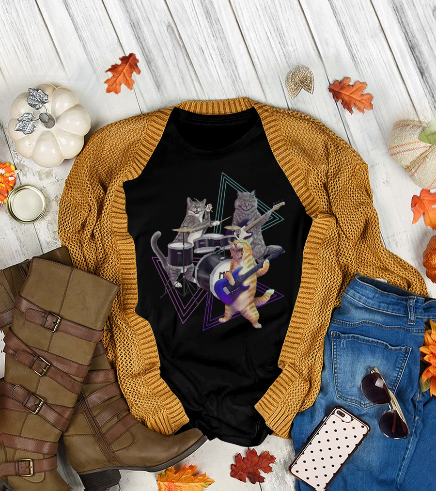 Cat Band Rock Kitties Playing Drums and Bass Guitar T-Shirt