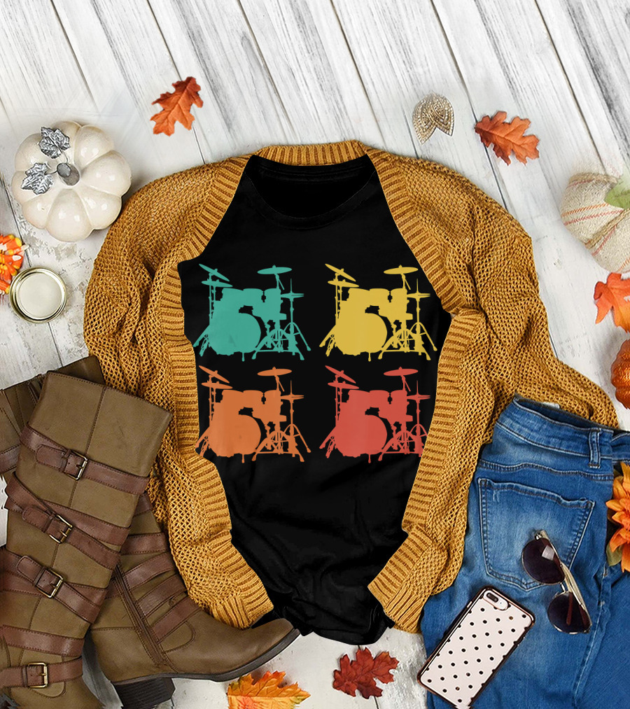 Retro Drums Musician Drum Instrument Silhouette Multicolor T-Shirt