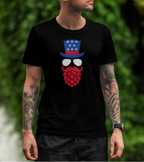American Flag Top Hat Glasses Beard Hop 4th Of July T-Shirt